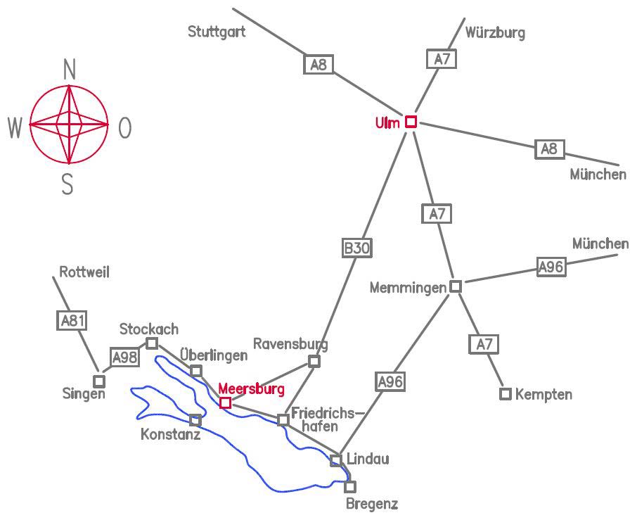 The map shows the directions to Meersburg. We wish you a good journey!